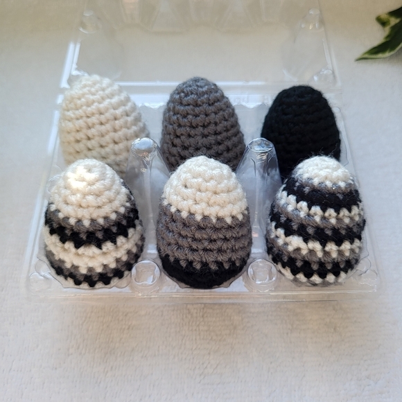 Crochet Eggs - Black Gray White - Set of Six - Handmade - Picture 3 of 5